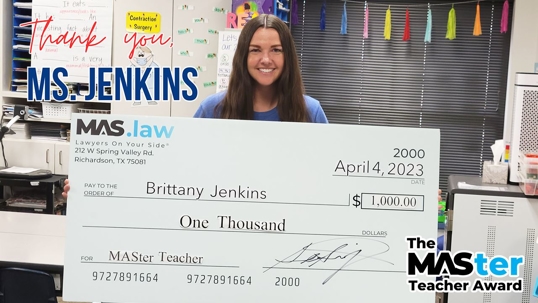 Ms. Brittany Jenkins as the newest recipient of the MASter Teacher Award