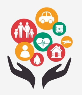 A cartoon image of hands holding images of a car, a house, family, and more